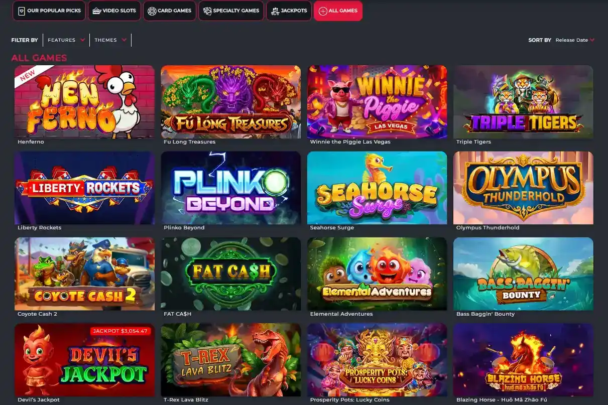 A Big Candy game lobby with video slots, card games, specialty games and jackpots