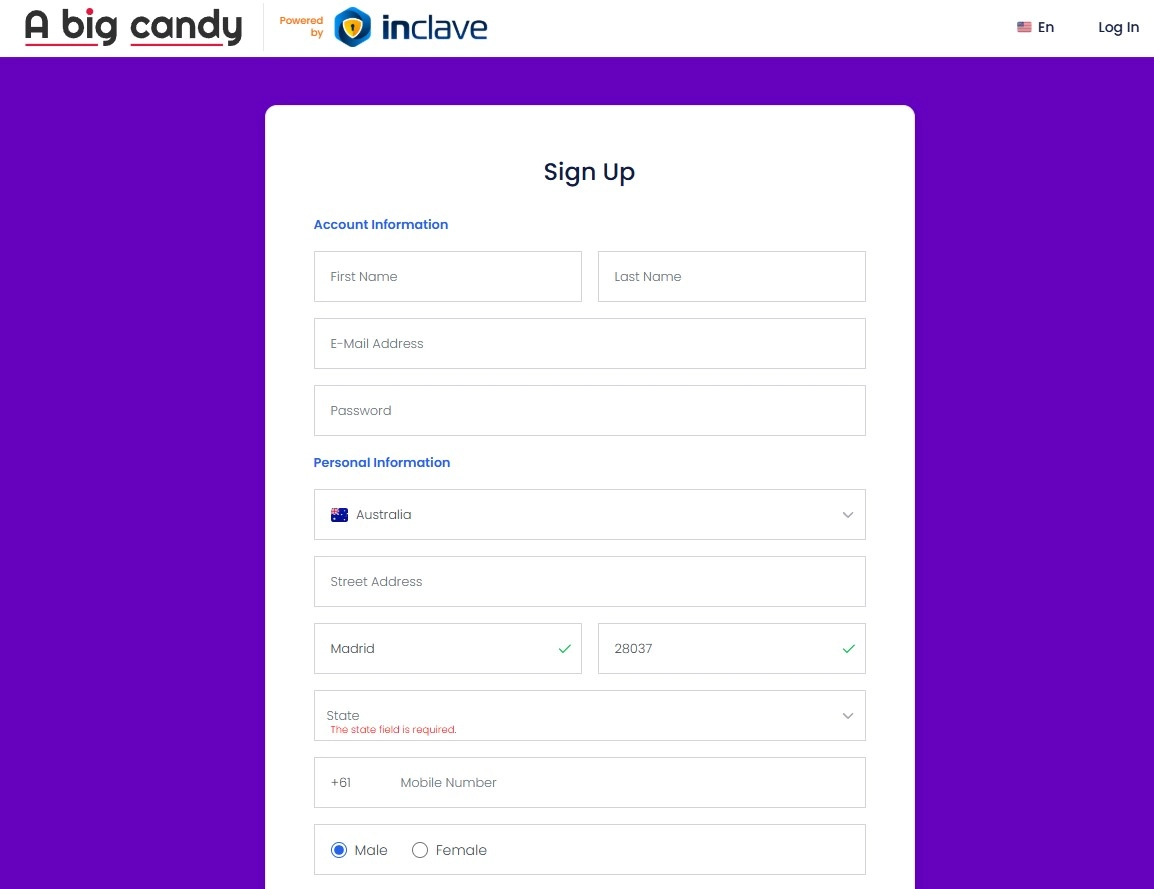 A Big Candy sign-up and login page showing the Inclave account flow