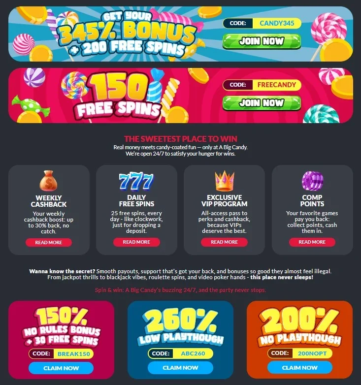 A Big Candy promotions page with active bonus codes and promotion terms
