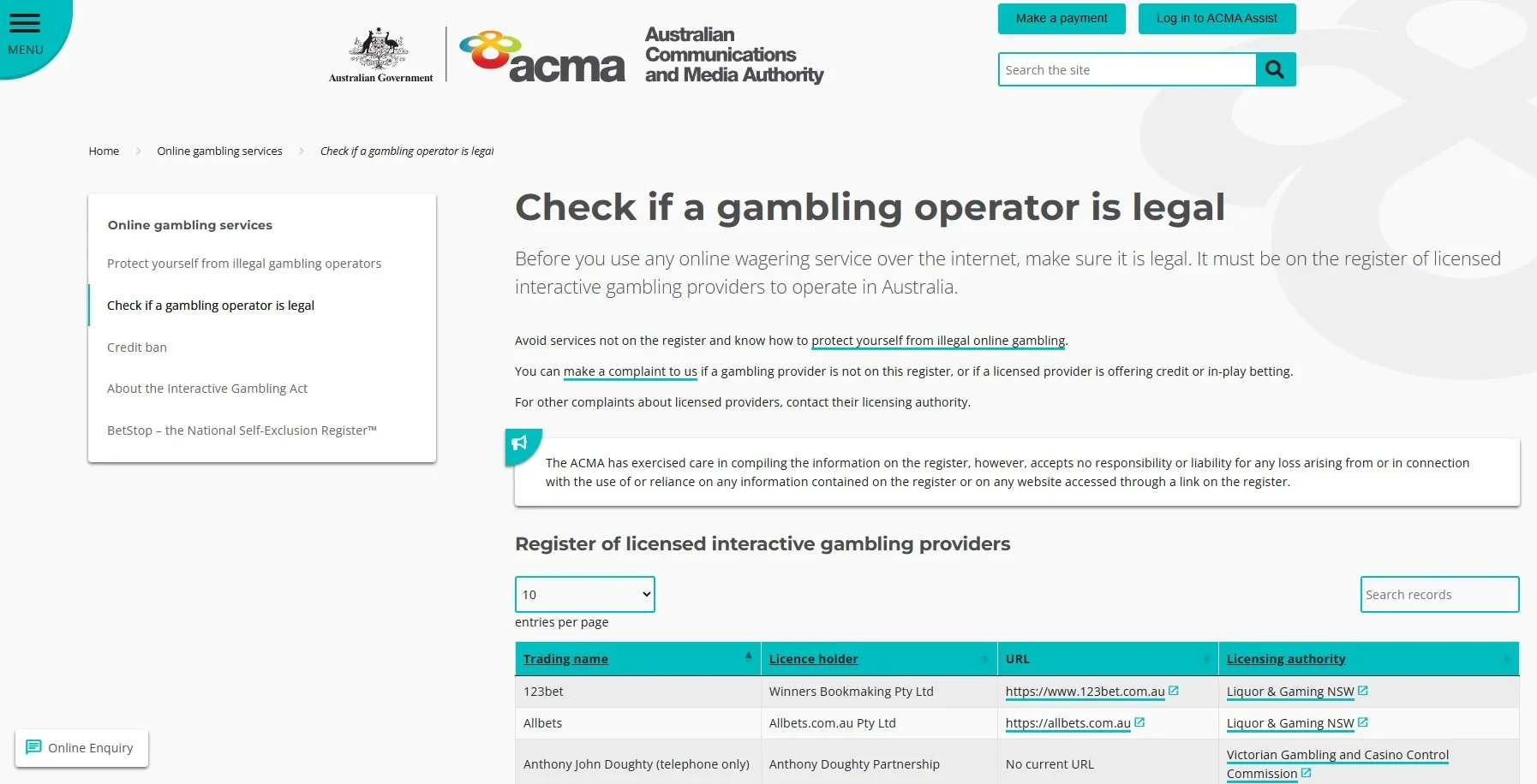ACMA licensed-provider register used to check A Big Candy in Australia