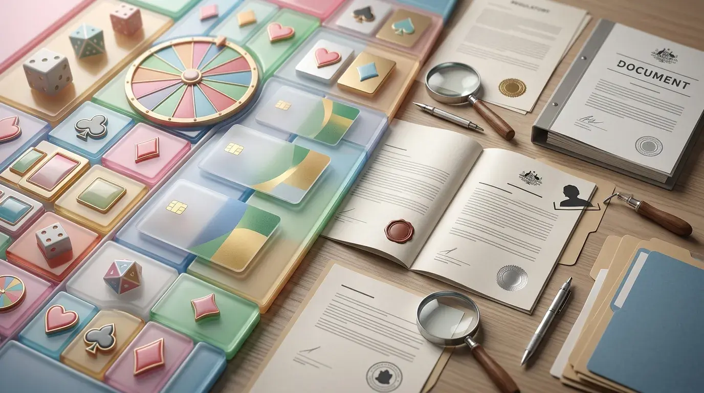 Candy-themed casino scene with gaming, payment and Australian regulation cues