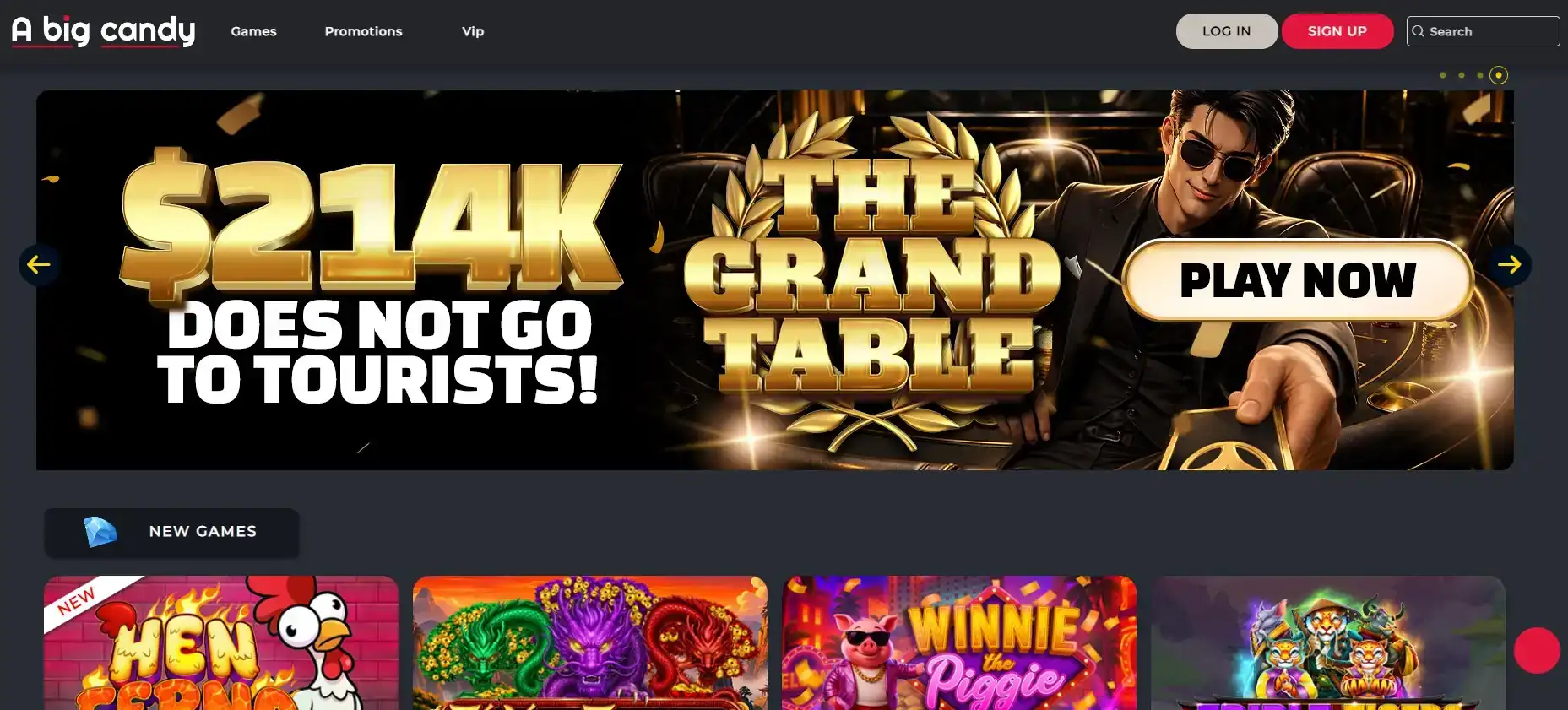 A Big Candy casino homepage with its main navigation and game interface